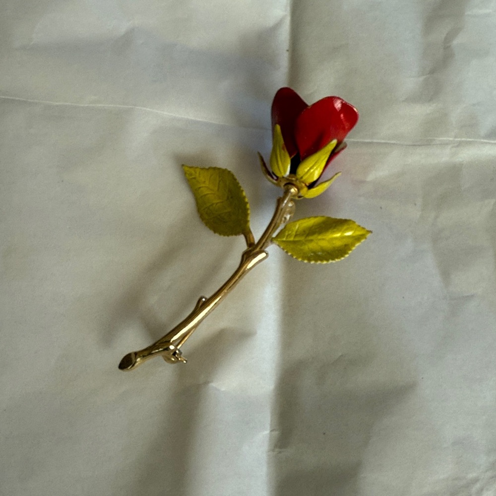Red Rose Brooch with Gold Stem